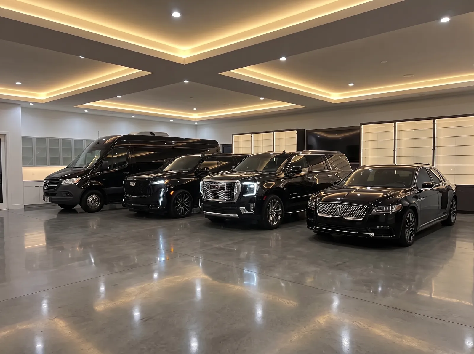 The MSP Chauffeur Service fleet in the garage: Sprinter van, Cadillac Escalade, GMC Yukon Denali and Lincoln Continental