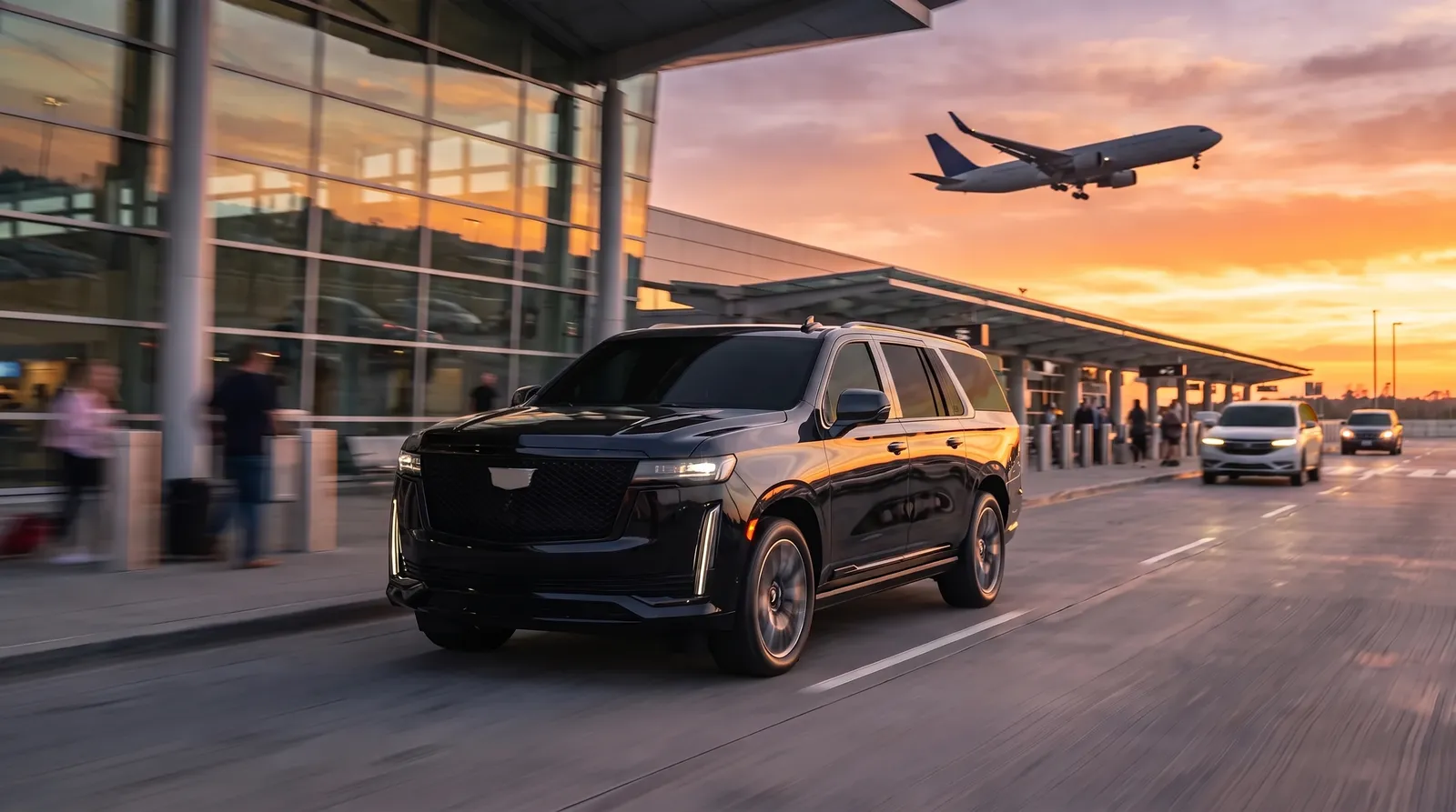 Black luxury SUV pulling up to the MSP airport terminal pickup zone at golden hour with a jet taking off behind