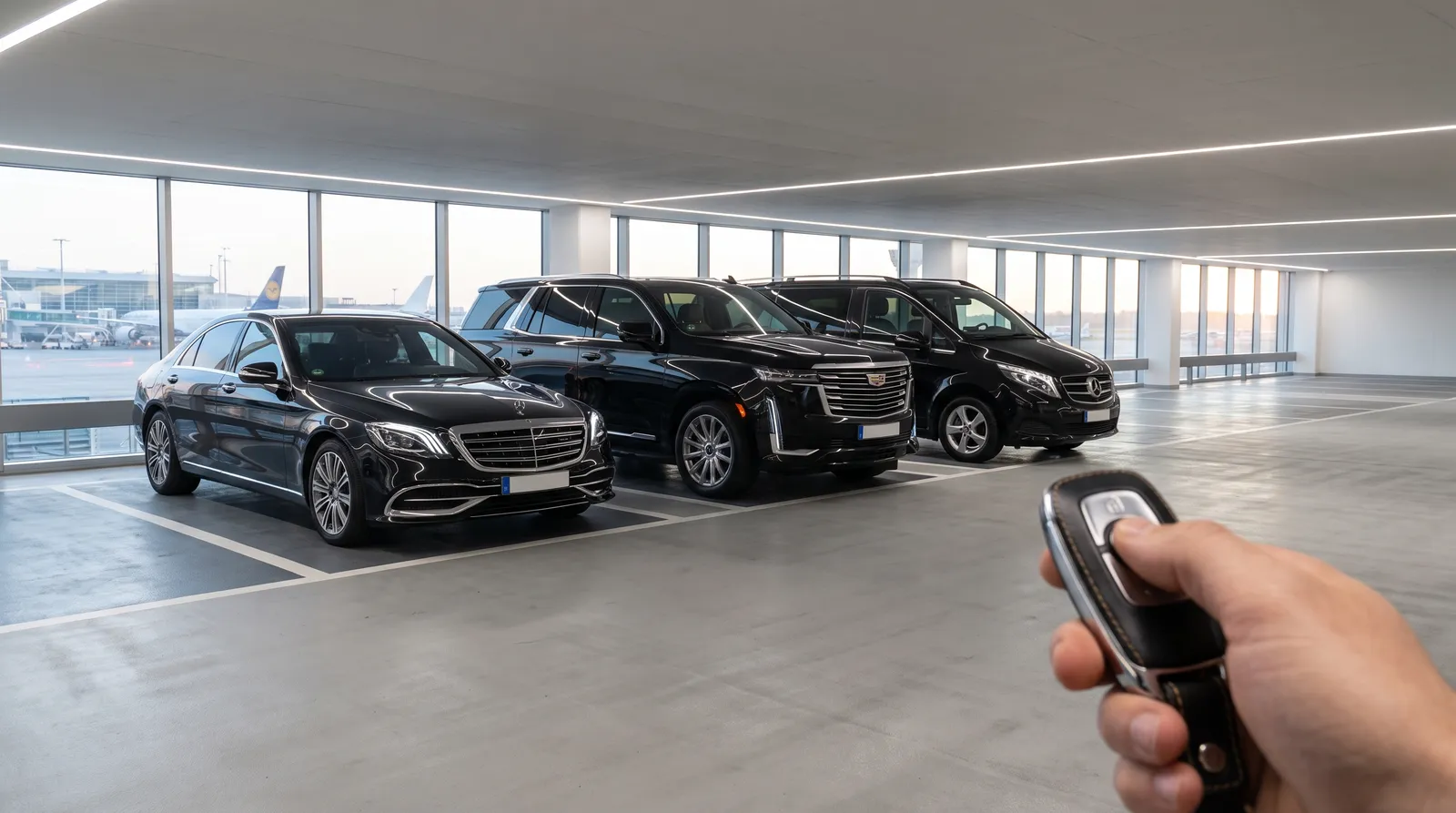 Row of black luxury vehicles in a covered airport parking facility with a car key held in the foreground
