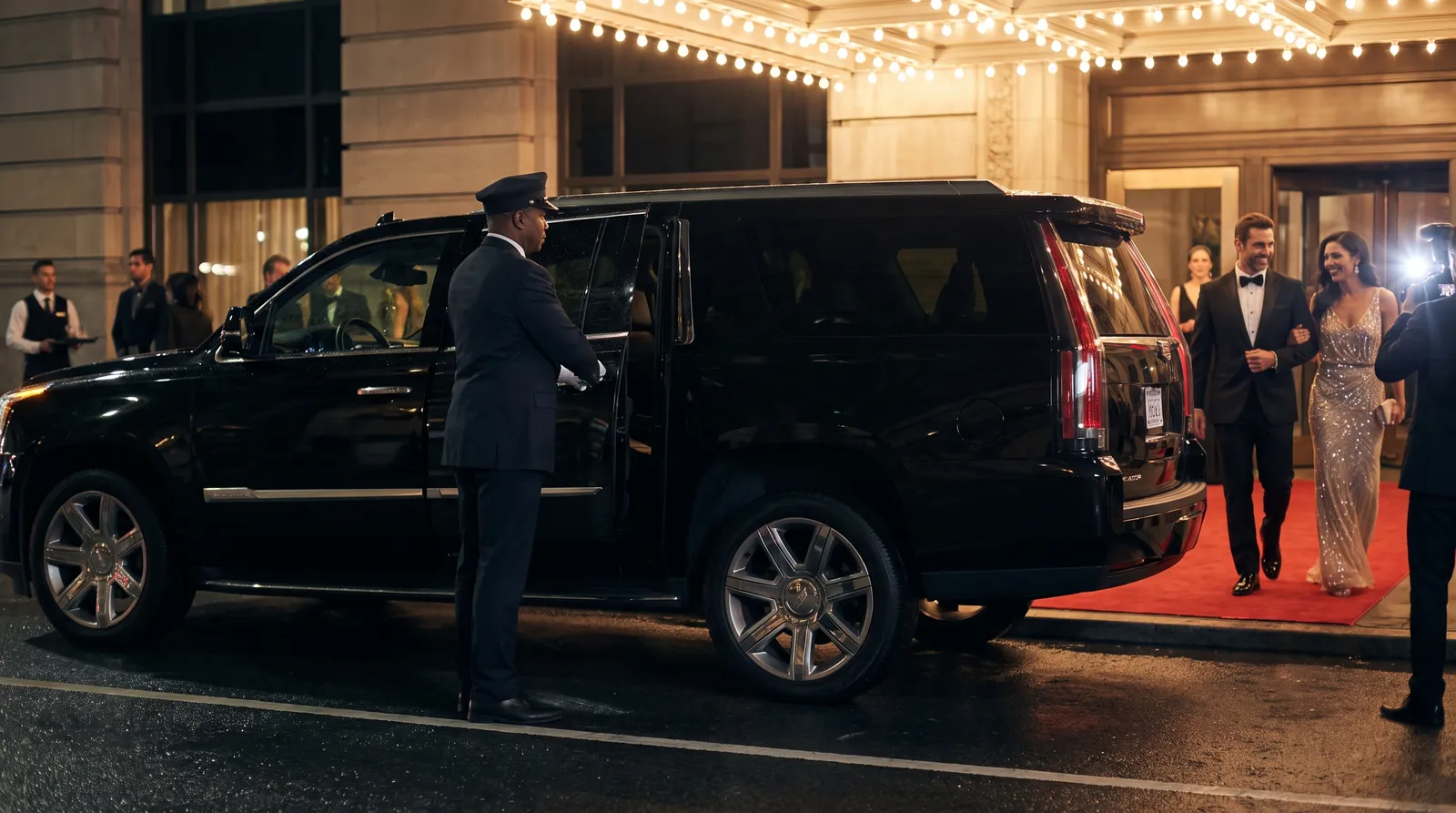 Chauffeur holding the door of a black Cadillac Escalade for a couple arriving at a gala at night