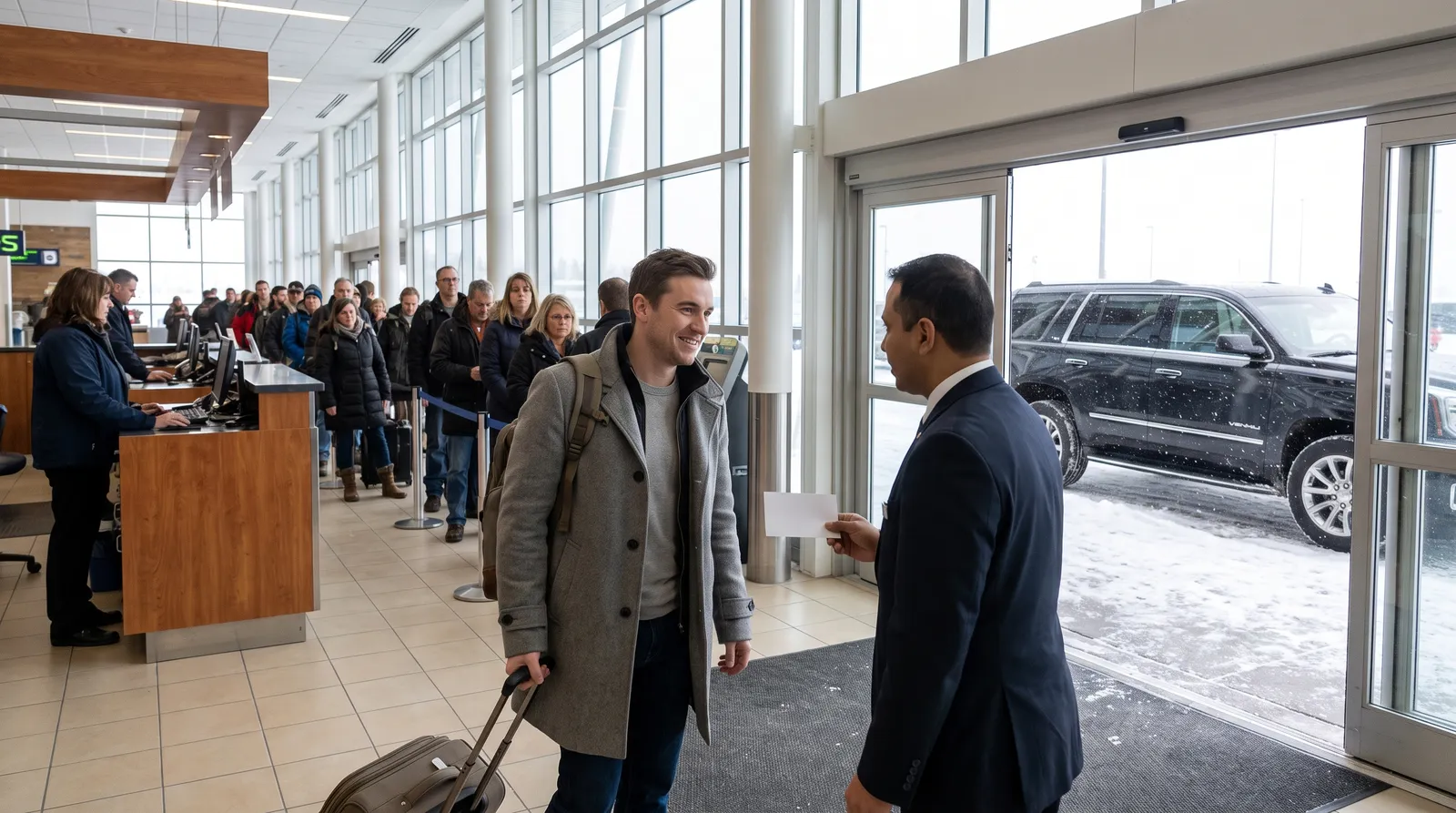 Travelers waiting in a rental car line while another steps straight into a black GMC Yukon held open by a chauffeur