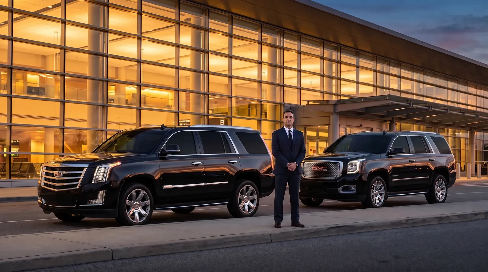 Black Escalade and Yukon staged at the MSP departures curb at dusk with a chauffeur standing by