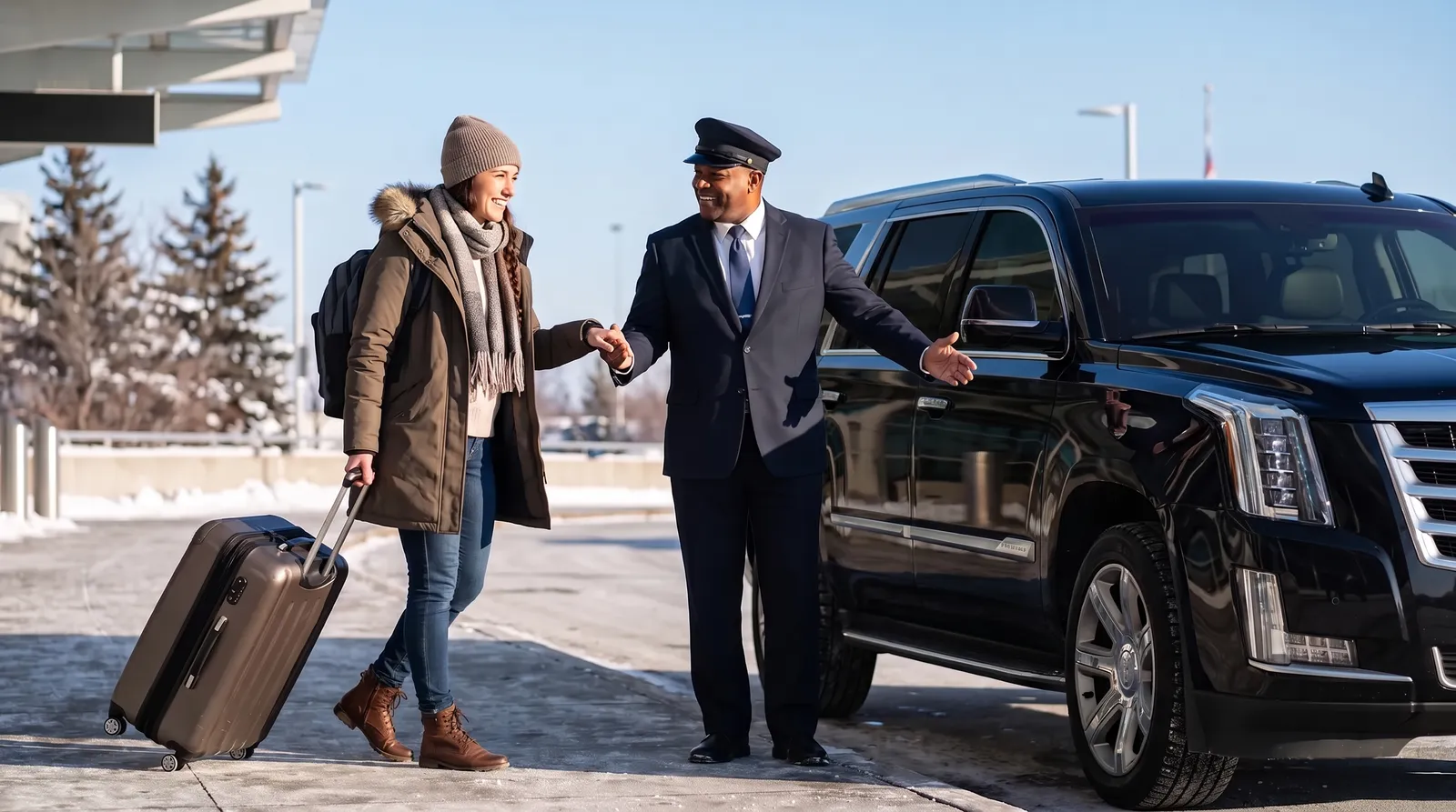 Smiling traveler with a suitcase greeted by a chauffeur beside a black Cadillac Escalade at the MSP arrivals curb