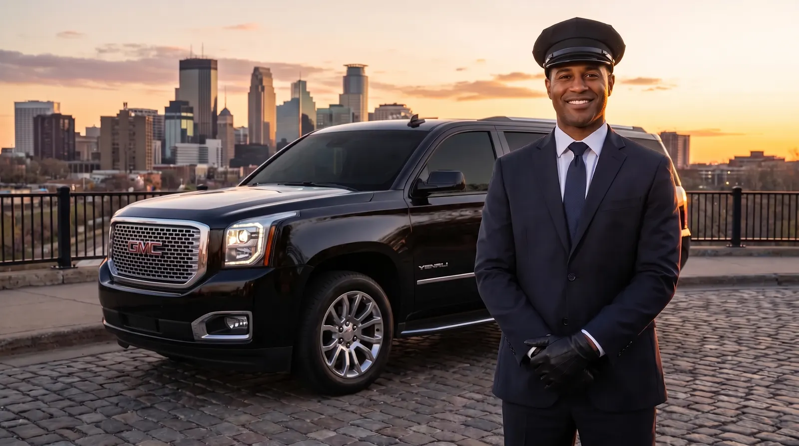 Portrait of a professional chauffeur in a dark suit, cap and gloves beside a black GMC Yukon with the Minneapolis skyline behind
