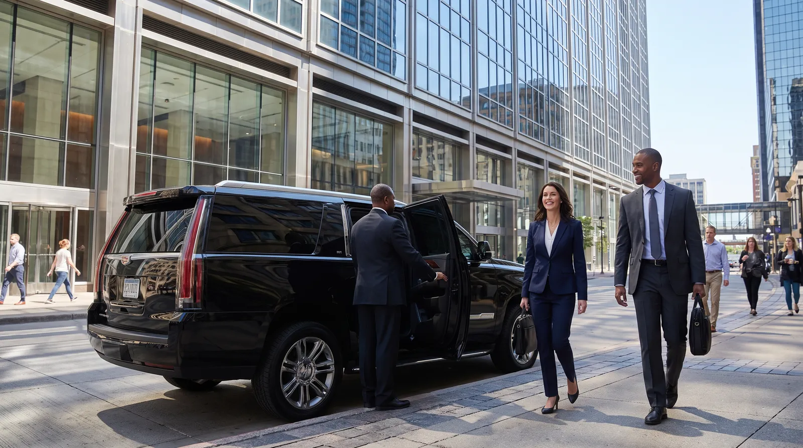 Two executives stepping out of a black Cadillac Escalade held open by a chauffeur outside a downtown Minneapolis office tower