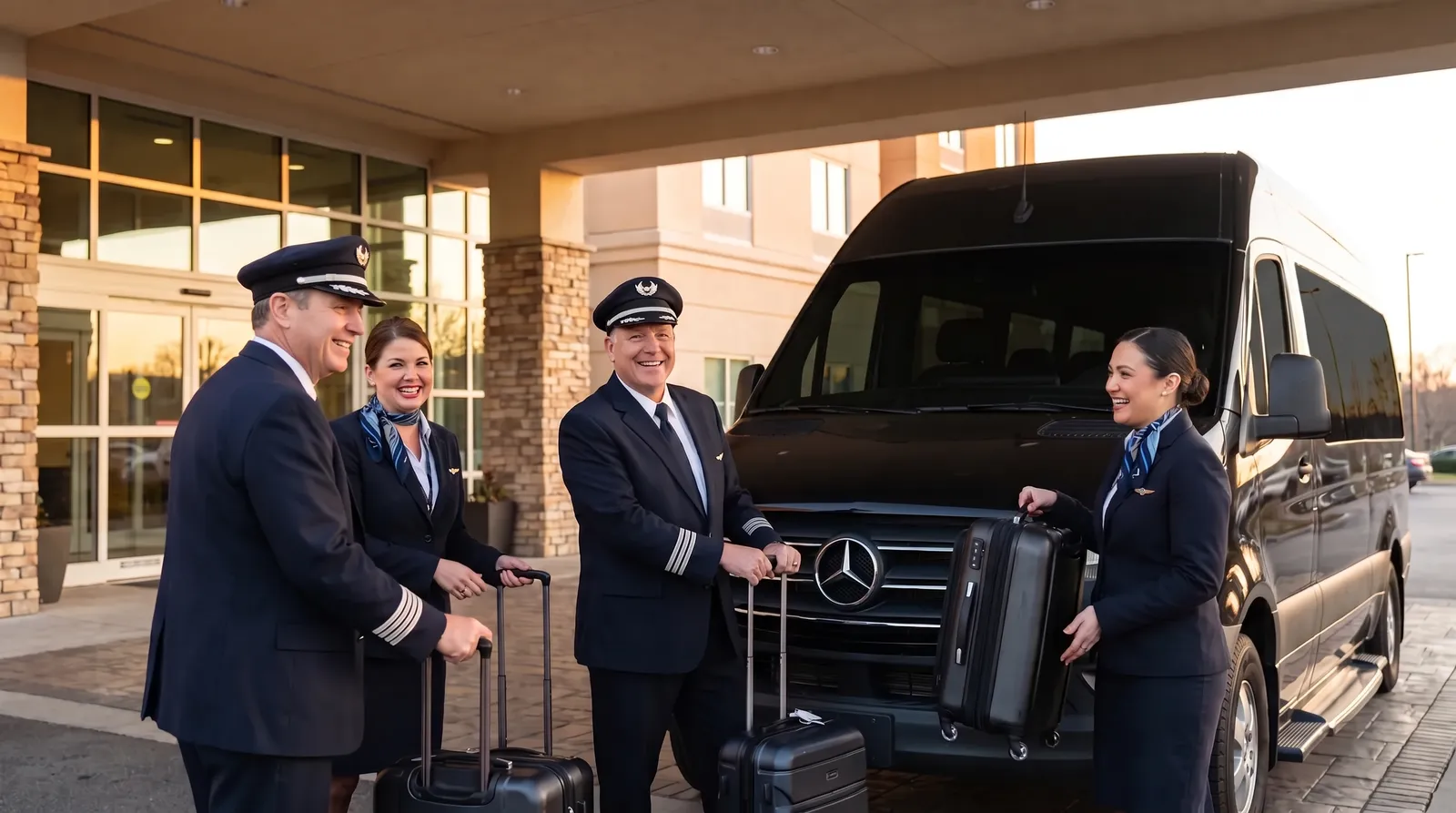An airline flight crew in uniform loading roller bags into a black Mercedes Sprinter outside a hotel at early morning