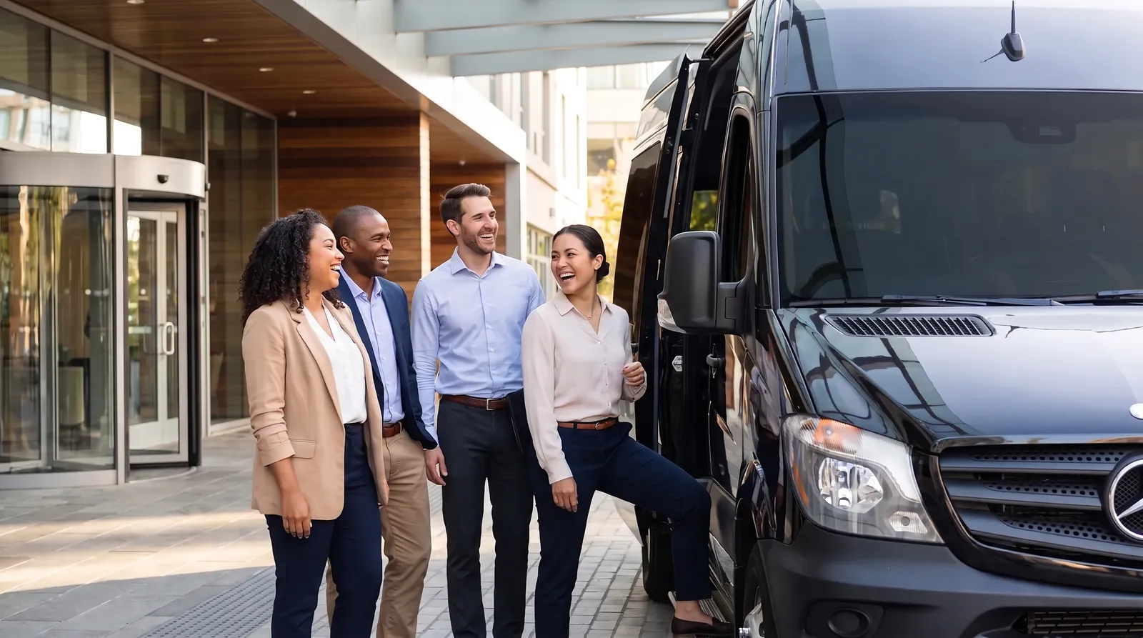 A group of colleagues laughing as they board a black Mercedes Sprinter van outside a hotel entrance