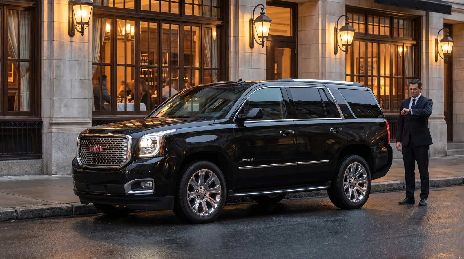 Chauffeur waiting beside a black GMC Yukon outside a restaurant in the evening, checking his watch
