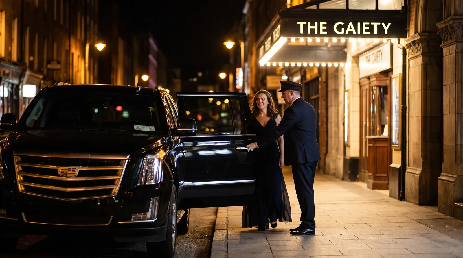 Chauffeur opening the door of a black Cadillac Escalade for a woman in an evening gown outside a lit theater at night