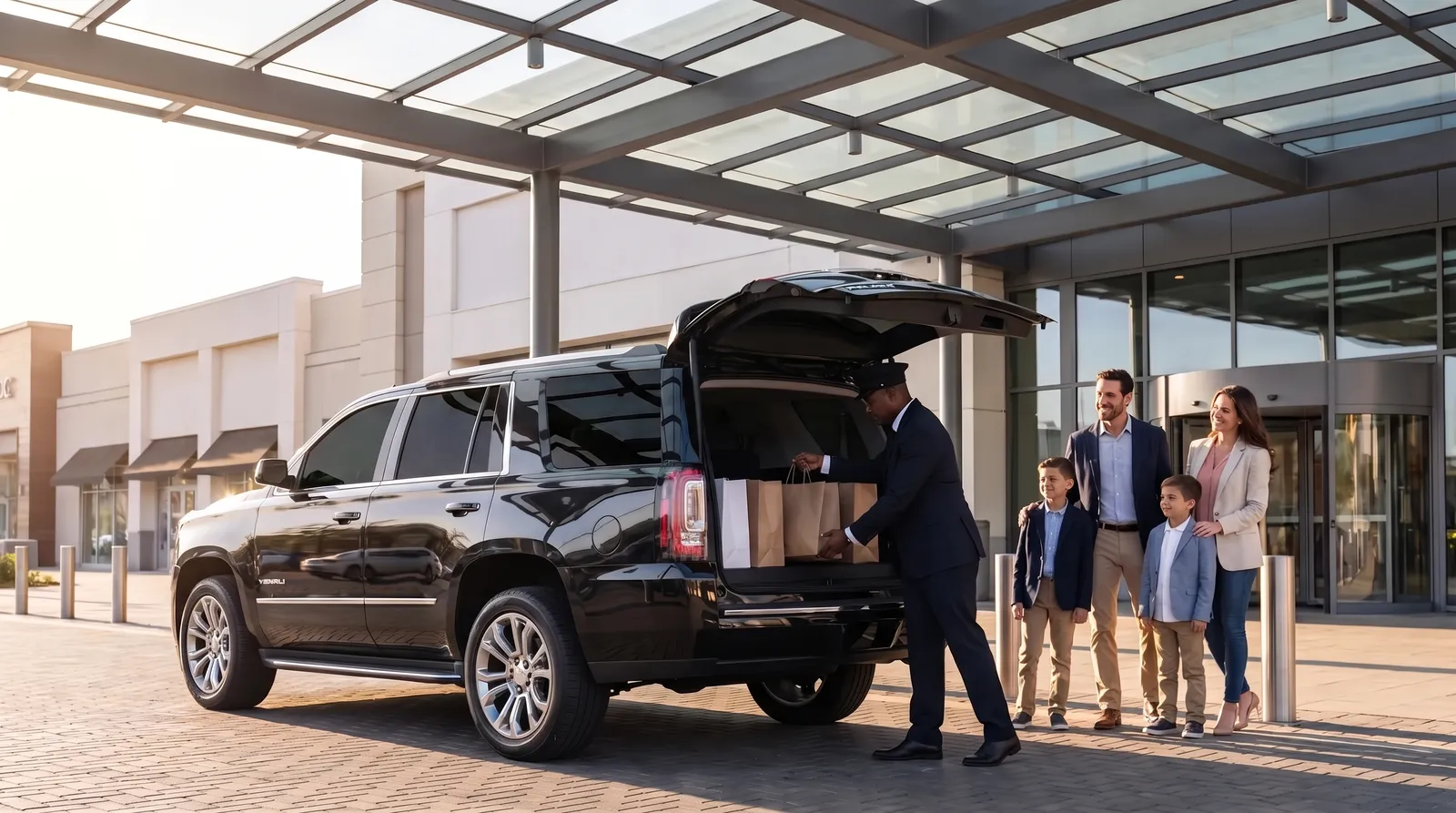 Black GMC Yukon at a large mall entrance with a chauffeur loading shopping bags while a family waits