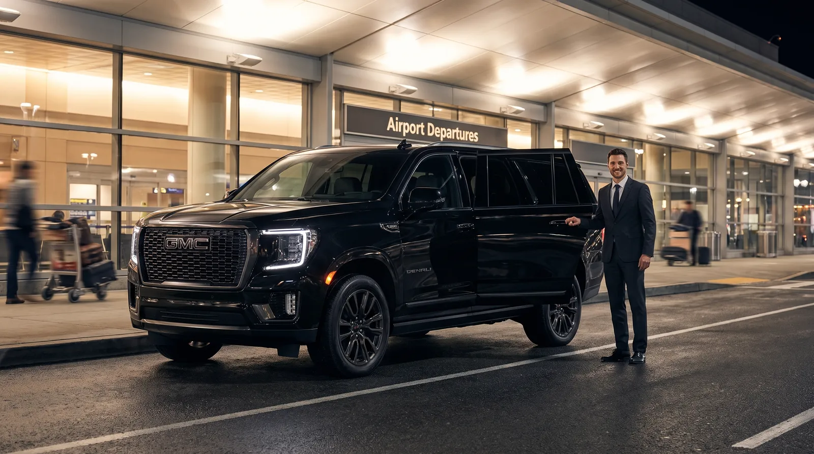 Chauffeur smiling while holding open the rear door of a black GMC Yukon at the MSP terminal curb in the evening