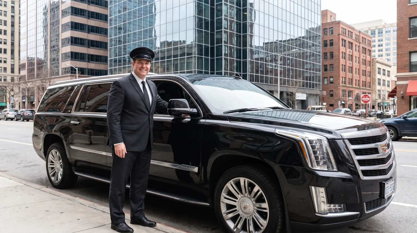 View from the rear seat of a black Escalade with the chauffeur glancing back and downtown Minneapolis through the windshield