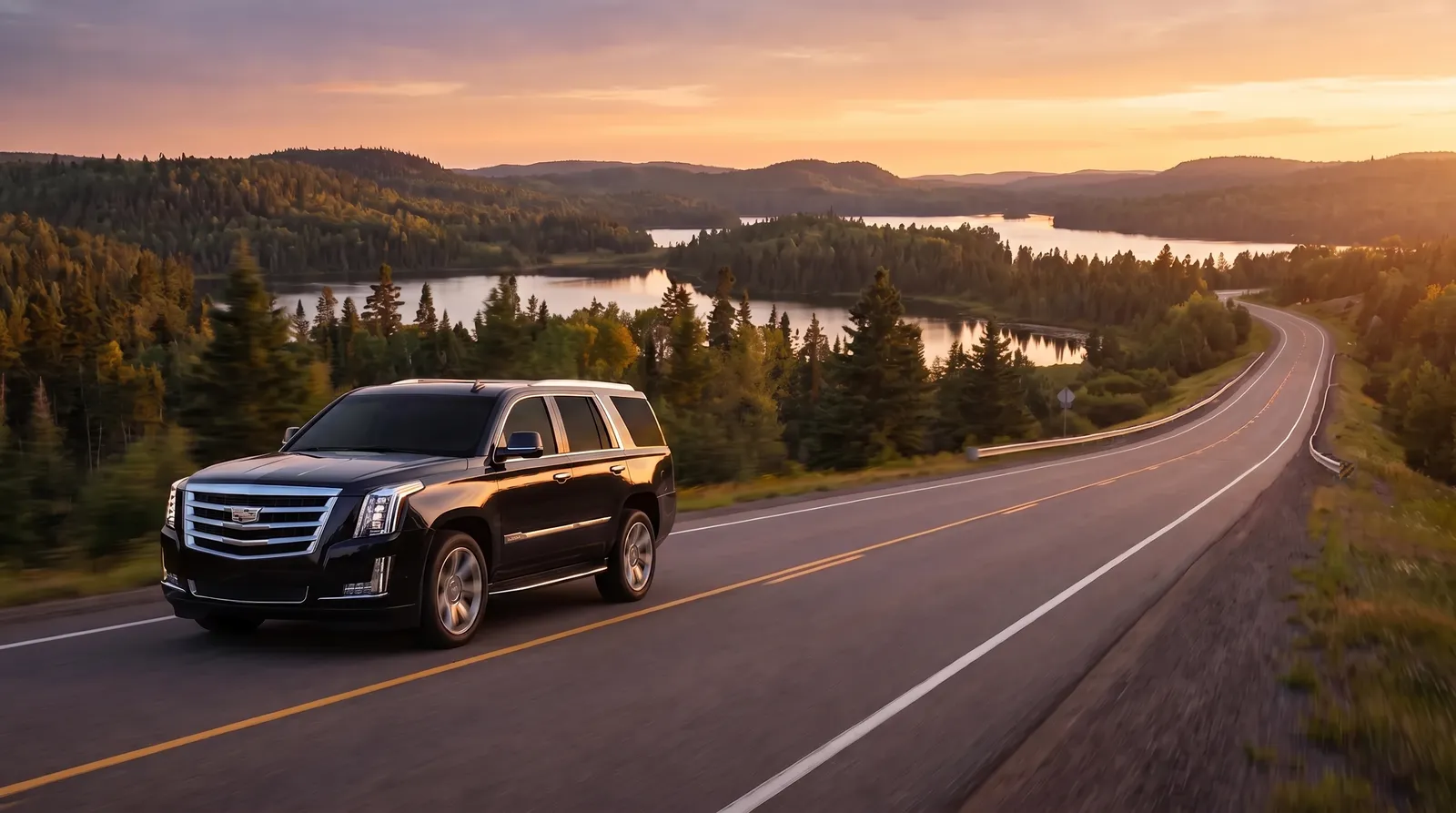 Black Cadillac Escalade on an open Minnesota highway winding past lakes and pine forest in late afternoon light